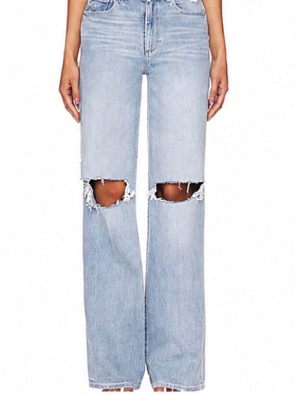 PAIGE Sasha High Rise Straight Leg Jeans Light Blue Wash Ripped Knees Size 28